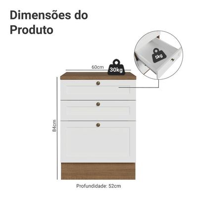 Balcão De Cozinha 60 Cm 3 Gavetas Rustic/branco Vik Madesa Rustic/branco
