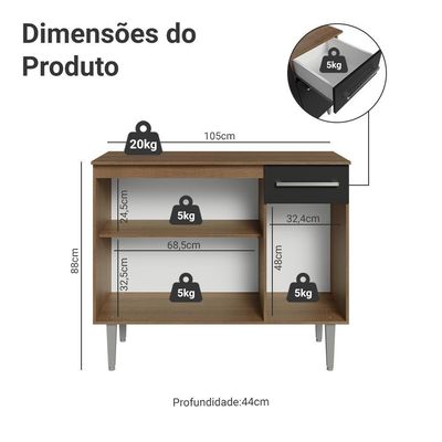 Buffet Aparador 105cm 3 Portas E 1 Gaveta Madesa Rustic/preto