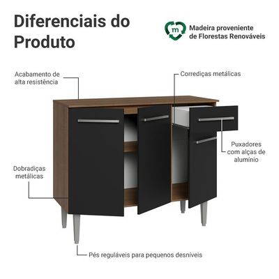 Buffet Aparador 105cm 3 Portas E 1 Gaveta Madesa Rustic/preto