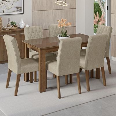 Conjunto Sala De Jantar Mesa Tampo De Vidro 6 Cadeiras Odara Madesa Rustic/imperial