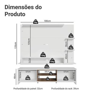 Rack Com Painel Para Tv Até 60 Polegadas 180 Cm Branco/rustic Metz Madesa Branco/rustic