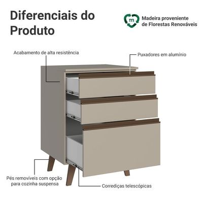 Balcão De Cozinha 60 Cm 3 Gavetas Com Pés Nice Madesa Crema