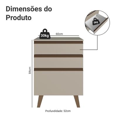 Balcão De Cozinha 60 Cm 3 Gavetas Com Pés Nice Madesa Crema