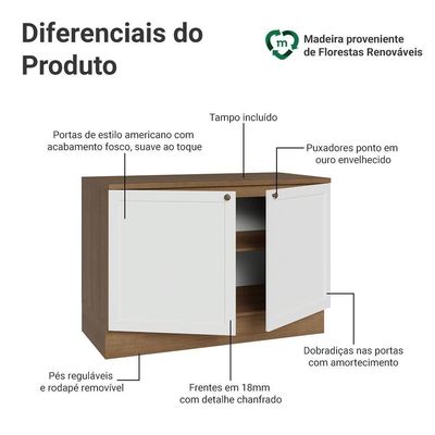 Balcão De Cozinha 120 Cm 2 Portas Rustic/branco Vik Madesa Rustic/branco