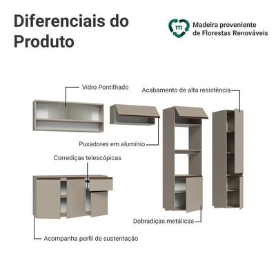 Armário De Cozinha Completa 300 Cm Suspenso Nice Madesa 06 Crema