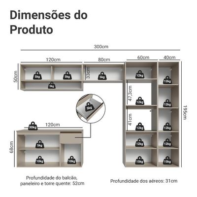 Armário De Cozinha Completa 300 Cm Suspenso Nice Madesa 06 Crema