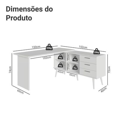 Escrivaninha Penteadeira De Canto 3 Gavetas Madesa Branco