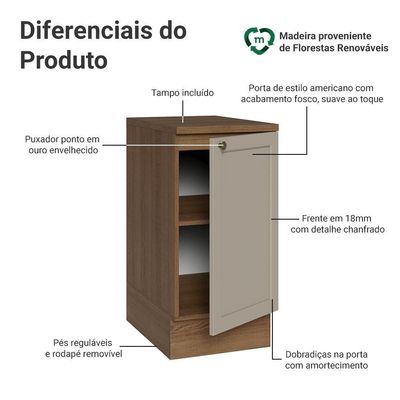 Balcão De Cozinha 40 Cm 1 Porta Rustic-crema Vik Madesa Rustic-crema