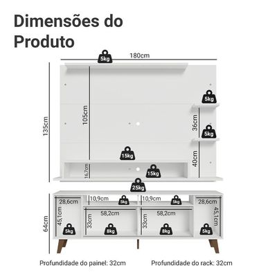 Rack Com Painel Para Tv Até 60 Polegadas 180 Cm Com Pés Branco/rustic Cancun Madesa Branco/rustic