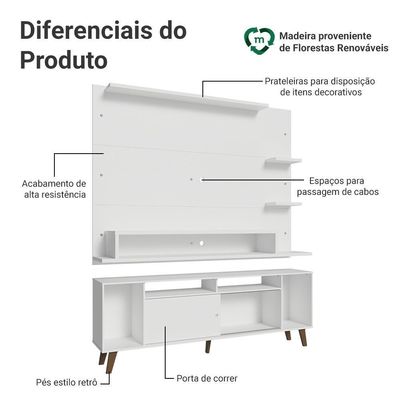 Rack Com Painel Para Tv Até 60 Polegadas 180 Cm Com Pés Branco/rustic Cancun Madesa Branco/rustic