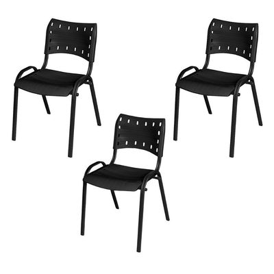 Kit 3 Cadeira Iso Tubo Oblongo Aço Industrial Empilhavel Preto