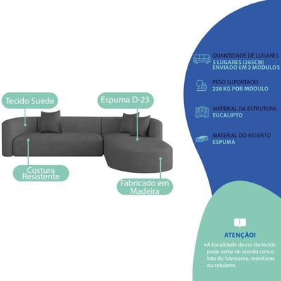 Sofá Modular Celinne Luxuoso Sala De Estar Decoração Luxo 265cm Suede Cinza Escuro