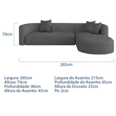 Sofá Modular Celinne Luxuoso Sala De Estar Decoração Luxo 265cm Suede Cinza Escuro