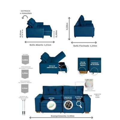 Sofá Baú San Marino Retrátil E Reclinável 3 Lugares Sofatec Azul
