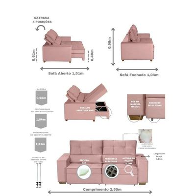 Sofá Baú San Marino Retrátil E Reclinável 3 Lugares Sofatec Rose