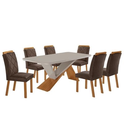 Mesa De Jantar Yasmin 180 Tampo Com Vidro 6 Cadeiras Melissa Veludo Marrom/nat/off/serig. Off