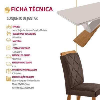 Mesa De Jantar Yasmin 180 Tampo Com Vidro 6 Cadeiras Melissa Veludo Marrom/nat/off/serig. Off