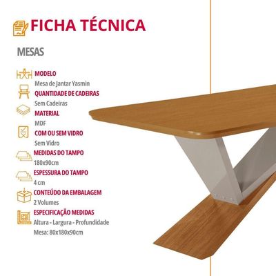 Mesa De Jantar Yasmin 180cm Tampo Mdf Canto Copo Moderna Naturalle/off White