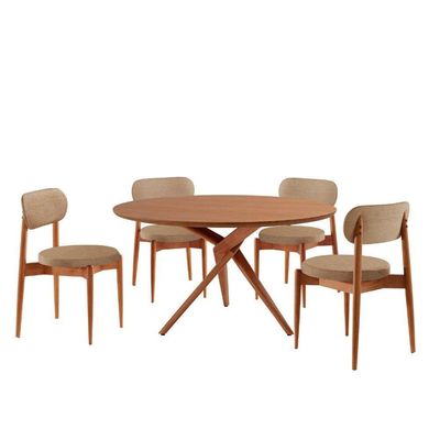 Sala De Jantar Mesa Ballare 120cm Tampo Redondo 4 Cadeiras Linho Palha/imbuia Nat/cinam. Imbuia