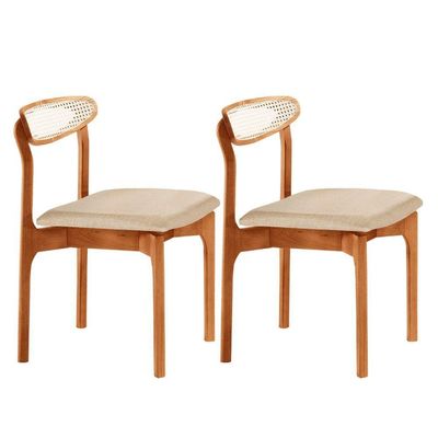 Conjunto 2 Cadeira De Jantar Noronha Premium Moderna Mobília Linho Off / Imbuia Nat.