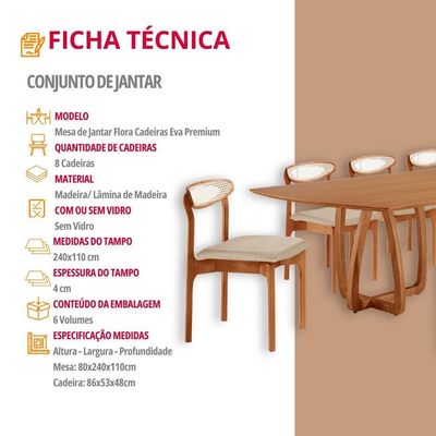 Sala De Jantar Mesa Flora 240cm Tampo Laminado 8 Cad Noronha Linho Off/imbuia Nat/cinam. Imbuia