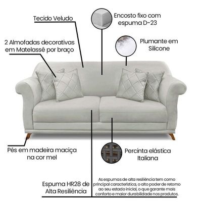 Sofá 2 Lugares 1,80m Veludo Cinza Prata Pés Castanho
