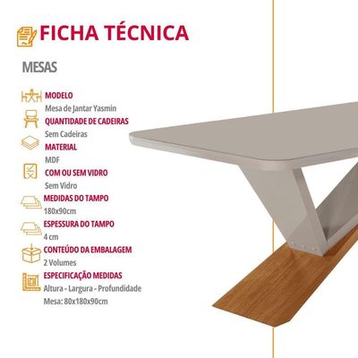 Mesa De Jantar Yasmin 180cm Tampo Mdf Moderna Mobília Naturalle /off White /serig. Off