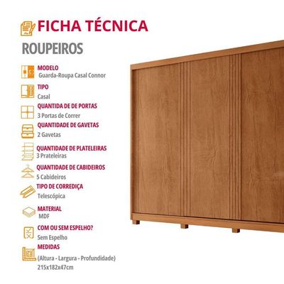 Guarda Roupa Casal Connor Mdf 3 Portas 2 Gavetas Com Pés Naturalle