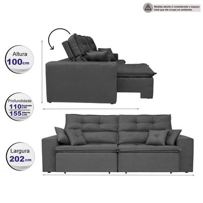 Sofá Cairo 2,02m Retrátil, Reclinável Tecido Suede Cinza