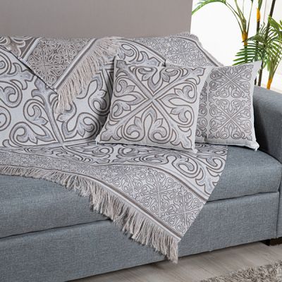 Kit Xale Para Sofá Com Franja Grécia 5 Peças 1,35m x 1,35m 60% Algodão / 40% Poliéster Tecido Jacquard - Cáqui