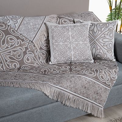 Kit Xale Para Sofá Com Franja Grécia 5 Peças 1,35m x 1,35m 60% Algodão / 40% Poliéster Tecido Jacquard - Cáqui