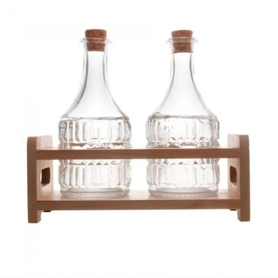 Conjunto 2 Garrafas de Azeite Suporte em Madeira 180ml Lyor