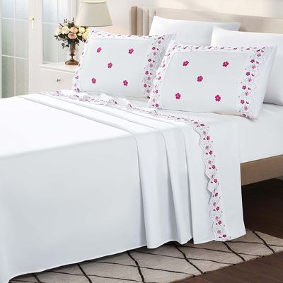 Jogo de Cama Lençol Queen Bordado Maximo 4 Peças - Branco A  - 100% Poliéster