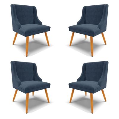 Kit 4 Cadeiras Decorativas Sala de Jantar Pés Palito de Madeira Firenze Suede Azul Marinho/Natural G19 - Gran Belo