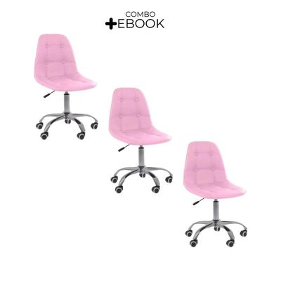 Kit 3 Cadeiras Office Eiffel Botonê Ajustável Oficial Rosa
