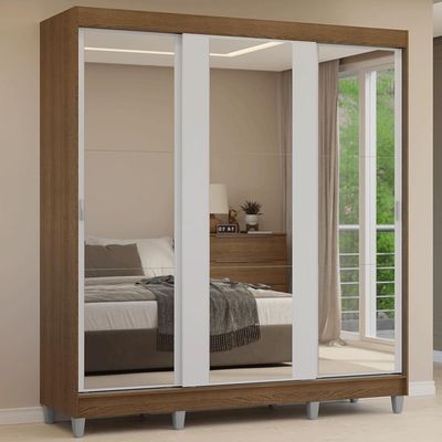 Guarda-roupa Casal Com Pés 3 Portas De Correr De Espelho Rustic Branco Reno Madesa