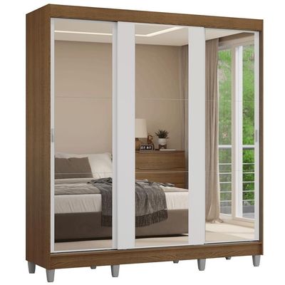 Guarda-roupa Casal Com Pés 3 Portas De Correr De Espelho Rustic Branco Reno Madesa