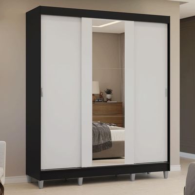 Guarda-roupa Casal Com Pés 3 Portas De Correr Com Espelho Preto Branco Reno Madesa