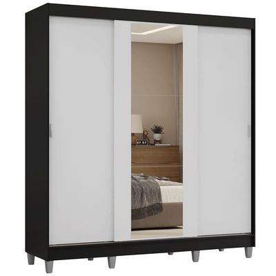 Guarda-roupa Casal Com Pés 3 Portas De Correr Com Espelho Preto Branco Reno Madesa