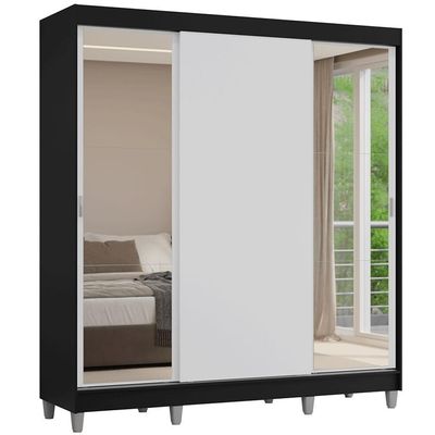 Guarda-roupa Casal Com Pés 3 Portas De Correr Com Espelhos Preto Branco Reno Madesa