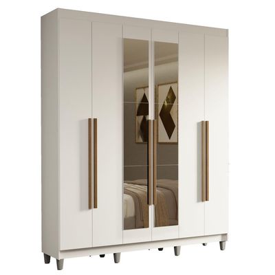 Guarda-roupa Casal Com Pés 6 Portas Batentes Com Espelho Branco-branco-rustic Saturno Madesa