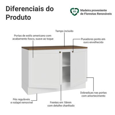 Balcão De Cozinha 120 Cm 2 Portas Branco Tampo Rustic Vik Madesa Branco/rustic