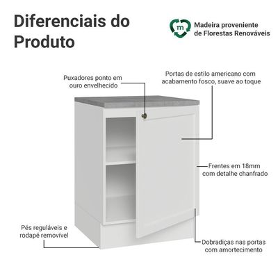 Balcão De Cozinha 60 Cm 1 Porta Branco Vik Madesa Branco