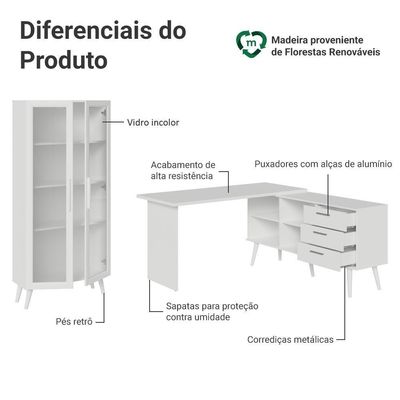 Kit 2 Peças Com Escrivaninha Em L 3 Gavetas E Armário Multiuso Com Vidro Madesa Branco