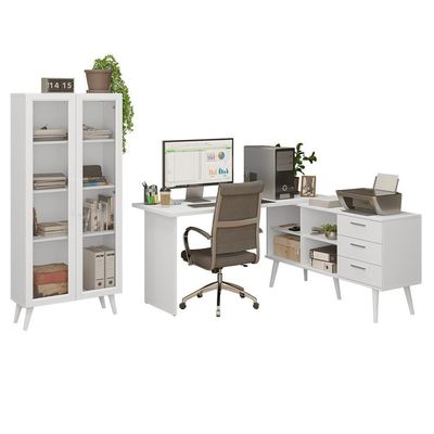 Kit 2 Peças Com Escrivaninha Em L 3 Gavetas E Armário Multiuso Com Vidro Madesa Branco
