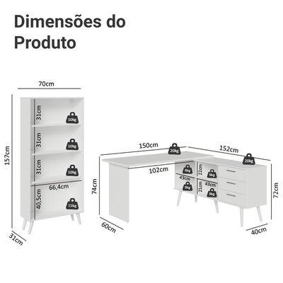 Kit 2 Peças Com Escrivaninha Em L 3 Gavetas E Armário Multiuso Com Vidro Madesa Branco