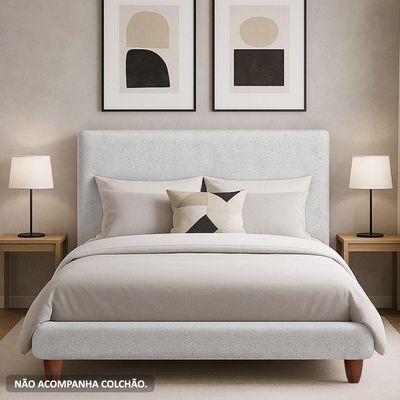 Cama King Pés Madeira Emma Com Cabeceira Parise Linho Cinza Claro - Nexta Casa