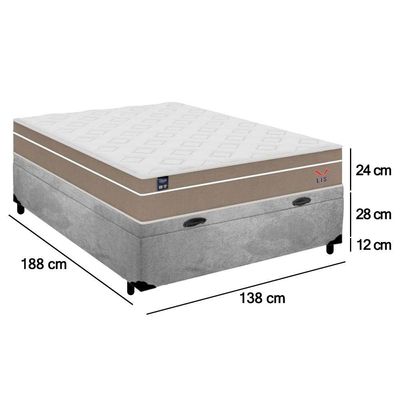 Cama Box Baú Casal Suede + Colchão Lis Molas Ensacadas Plumatex Cinza 138cm - Suporta Até 120 Kg Por Pessoa