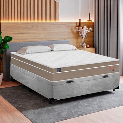 Cama Box Baú Casal Suede + Colchão Lis Molas Ensacadas Plumatex Cinza 138cm - Suporta Até 120 Kg Por Pessoa