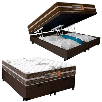 Cama Box Baú Casal Bipartido Suede + Colchão Molas Ensacadas Texas Prime Colchões 138x188x67cm Marrom